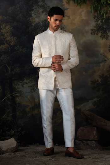 Buy_Ayush Jain_Ivory Silk, Cotton Pearls, Embroidery Chandra Bandhgala Set _at_Aza_Fashions
