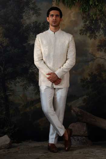 Shop_Ayush Jain_Ivory Silk, Cotton Pearls, Embroidery Chandra Bandhgala Set _at_Aza_Fashions