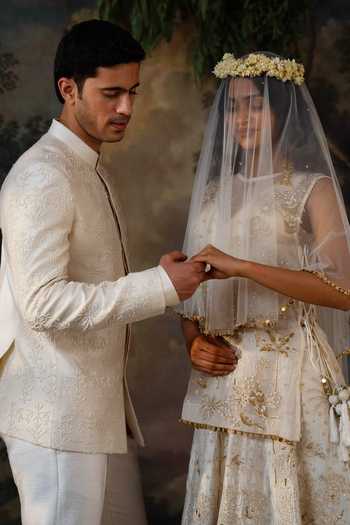 Ayush Jain_Ivory Silk, Cotton Pearls, Embroidery Chandra Bandhgala Set _at_Aza_Fashions