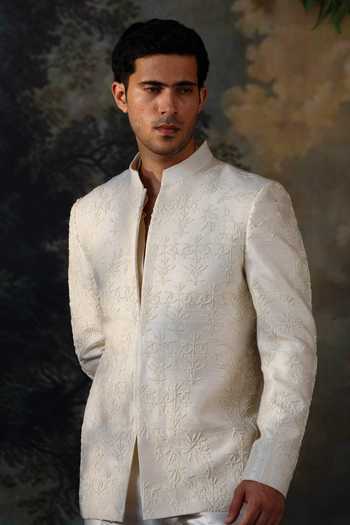 Shop_Ayush Jain_Ivory Silk, Cotton Embroidery, Pearls Chandra Bandhgala Set _Online_at_Aza_Fashions