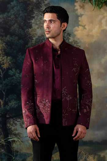 Ayush Jain_Wine Silk, Cotton Embroidery, Beads, Crystals Yamini Bandhgala Set _at_Aza_Fashions