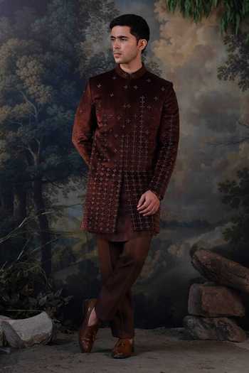 Buy_Ayush Jain_Brown Silk, Cotton, Velvet Sitara Embroidered Achkan Set _at_Aza_Fashions