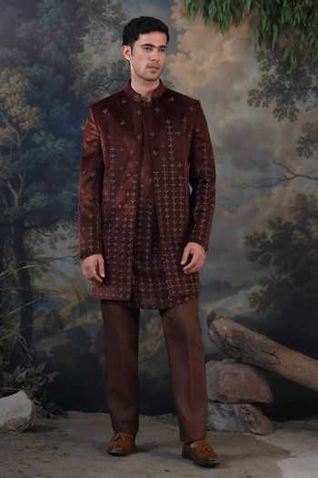 Shop_Ayush Jain_Brown Silk, Cotton, Velvet Sitara Embroidered Jacket And Kurta Set _at_Aza_Fashions