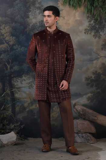 Buy_Ayush Jain_Brown Silk, Cotton, Velvet Sitara Embroidered Jacket And Kurta Set _Online_at_Aza_Fashions