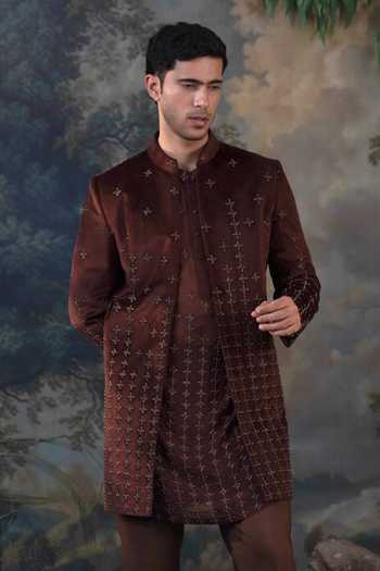 Shop_Ayush Jain_Brown Silk, Cotton, Velvet Sitara Embroidered Jacket And Kurta Set _Online_at_Aza_Fashions