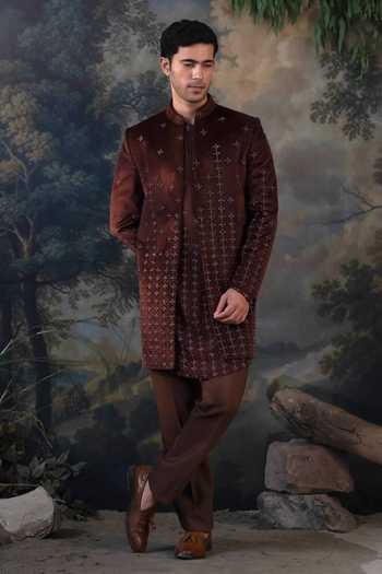 Buy_Ayush Jain_Brown Silk, Cotton, Velvet Sitara Embroidered Jacket And Kurta Set _at_Aza_Fashions