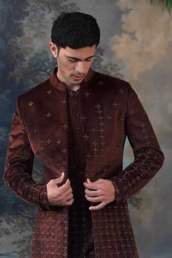 Ayush Jain_Brown Silk, Cotton, Velvet Sitara Embroidered Jacket And Kurta Set _at_Aza_Fashions