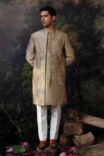 Buy_Ayush Jain_Green Silk, Organza Sabz Embroidered Achkan Set _Online_at_Aza_Fashions