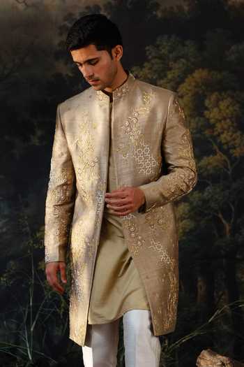 Shop_Ayush Jain_Green Silk, Organza Sabz Embroidered Achkan Set _Online_at_Aza_Fashions