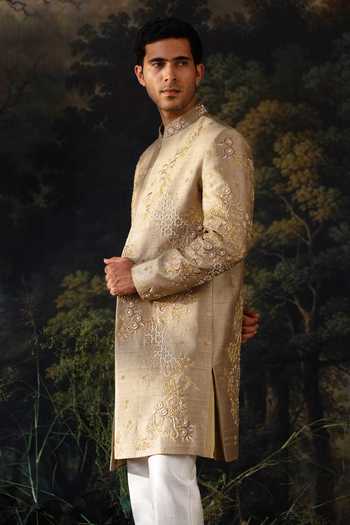 Buy_Ayush Jain_Green Silk, Organza Sabz Embroidered Achkan Set 