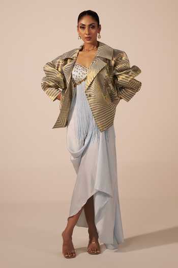 Buy_Jyoti Sachdev Iyer_Blue Satin, Tissue Beads, Stones Sweetheart Illusion Print Jacket Skirt Set _at_Aza_Fashions