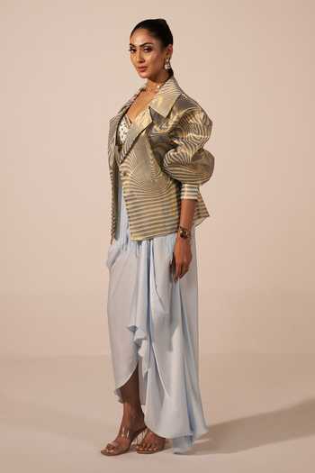 Jyoti Sachdev Iyer_Blue Satin, Tissue Beads, Stones Sweetheart Illusion Print Jacket Skirt Set _Online_at_Aza_Fashions