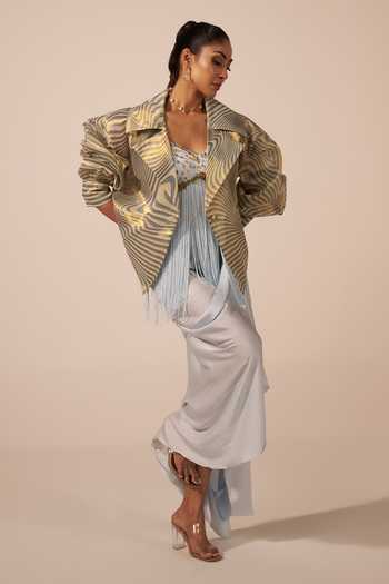 Buy_Jyoti Sachdev Iyer_Blue Satin, Tissue Beads, Stones Sweetheart Illusion Print Jacket Skirt Set _Online_at_Aza_Fashions