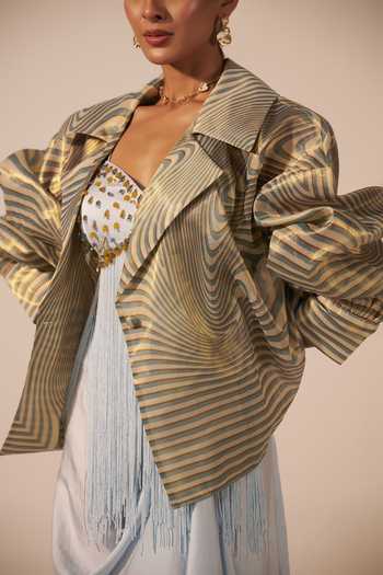 Shop_Jyoti Sachdev Iyer_Blue Satin, Tissue Beads, Stones Sweetheart Illusion Print Jacket Skirt Set _Online_at_Aza_Fashions