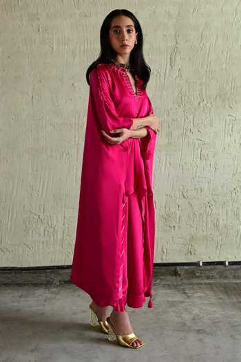 Shorshe Clothing_Pink Silk, Modal V-neck Embroidered Kaftan And Pant Set _at_Aza_Fashions