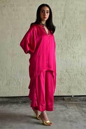 Buy_Shorshe Clothing_Pink Silk, Modal V-neck Embroidered Kaftan And Pant Set 