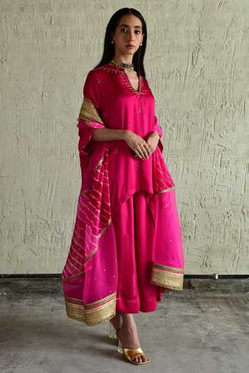 Shop_Shorshe Clothing_Pink Silk, Modal V-neck Embroidered Kaftan And Pant Set _at_Aza_Fashions