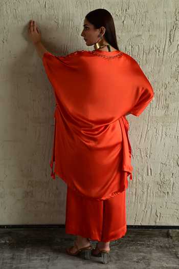 Shop_Shorshe Clothing_Orange Silk, Modal V-neck Placement Embroidered Kaftan And Pant Set _at_Aza_Fashions