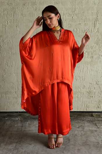 Shop_Shorshe Clothing_Orange Silk, Modal V-neck Placement Embroidered Kaftan And Pant Set _Online_at_Aza_Fashions