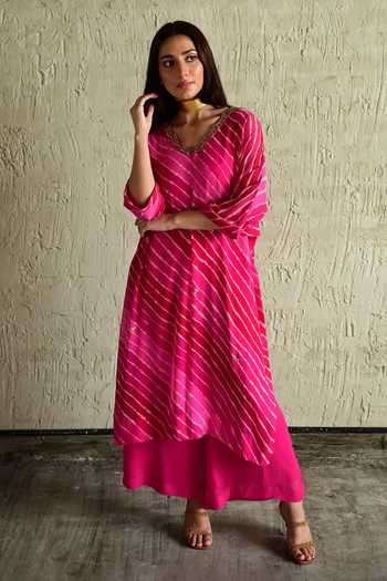 Shop_Shorshe Clothing_Pink Georgette Leheriya Pattern Kurta And Pant Set _Online_at_Aza_Fashions