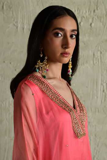Shorshe Clothing_Coral Silk, Organza, Satin V-neck Neckline Embroidered Kaftan And Pant Set _Online_at_Aza_Fashions