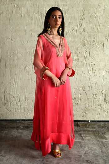Buy_Shorshe Clothing_Coral Silk, Organza, Satin V-neck Neckline Embroidered Kaftan And Pant Set _Online_at_Aza_Fashions