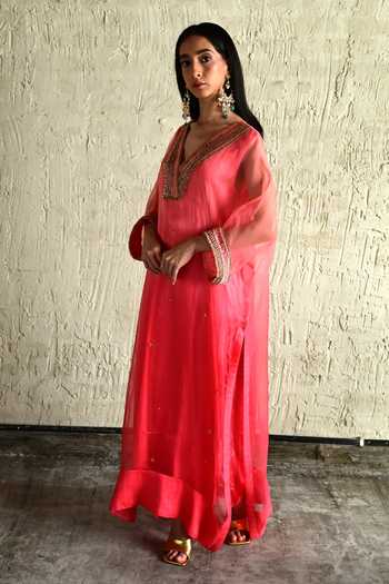 Shorshe Clothing_Coral Silk, Organza, Satin V-neck Neckline Embroidered Kaftan And Pant Set _at_Aza_Fashions