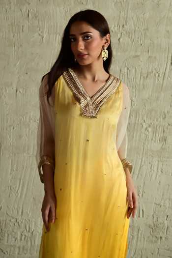 Shorshe Clothing_Yellow Silk, Organza, Satin V-neck Placement Embroidered Kaftan And Pant Set _Online_at_Aza_Fashions