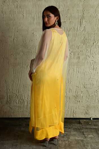 Shop_Shorshe Clothing_Yellow Silk, Organza, Satin V-neck Placement Embroidered Kaftan And Pant Set _at_Aza_Fashions