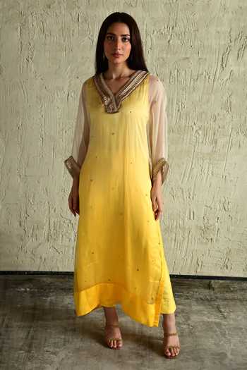 Shop_Shorshe Clothing_Yellow Silk, Organza, Satin V-neck Placement Embroidered Kaftan And Pant Set _Online_at_Aza_Fashions