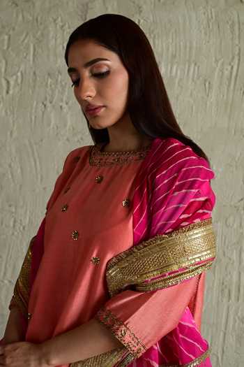 Buy_Shorshe Clothing_Coral Chanderi Round Neck Embroidered Kurta And Pant Set _Online_at_Aza_Fashions