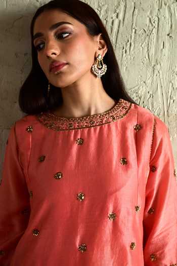 Shop_Shorshe Clothing_Coral Chanderi Round Neck Embroidered Kurta And Pant Set _Online_at_Aza_Fashions