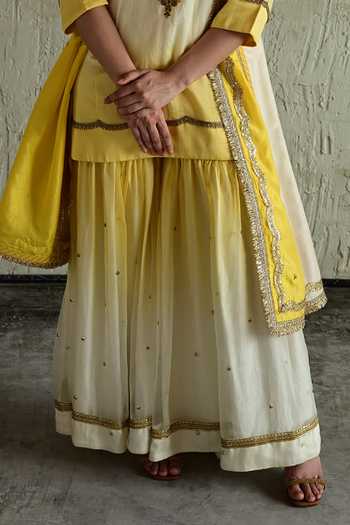 Shorshe Clothing_Yellow Chanderi, Organza Round Neck, Yes Hand Embroidered Kurta And Sharara Set _Online_at_Aza_Fashions