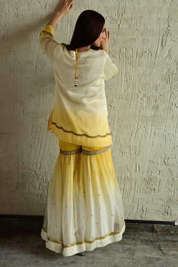 Shop_Shorshe Clothing_Yellow Chanderi, Organza Round Neck, Yes Hand Embroidered Kurta And Sharara Set _at_Aza_Fashions