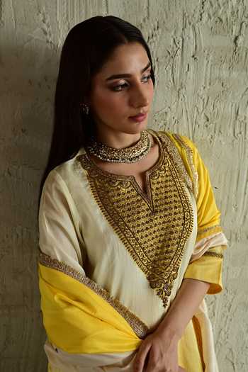 Buy_Shorshe Clothing_Yellow Chanderi, Organza Round Neck, Yes Hand Embroidered Kurta And Sharara Set _Online_at_Aza_Fashions