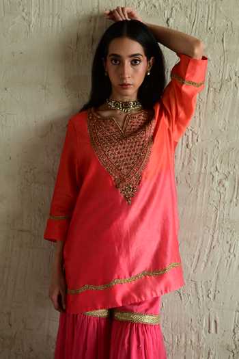 Buy_Shorshe Clothing_Pink Chanderi, Organza V-neck Embroidered Kurta And Sharara Set _Online_at_Aza_Fashions
