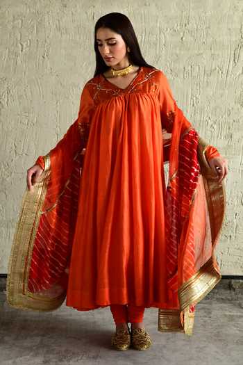Shop_Shorshe Clothing_Orange Chanderi, Crepe V-neck Embroidered Kurta And Churidar Set _at_Aza_Fashions