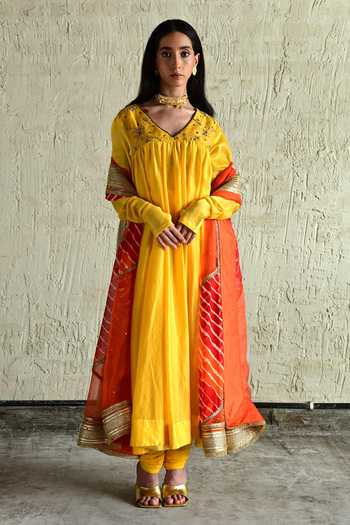 Buy_Shorshe Clothing_Yellow Chanderi, Crepe V-neck, Yes Yoke Embroidered Anarkali And Churidar Set _at_Aza_Fashions