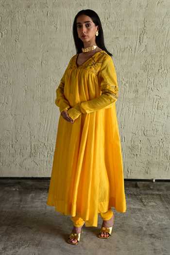 Shop_Shorshe Clothing_Yellow Chanderi, Crepe V-neck, Yes Yoke Embroidered Anarkali And Churidar Set _at_Aza_Fashions