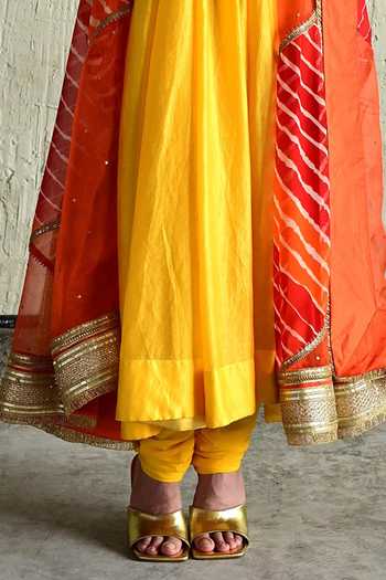 Buy_Shorshe Clothing_Yellow Chanderi, Crepe V-neck, Yes Yoke Embroidered Anarkali And Churidar Set _Online_at_Aza_Fashions