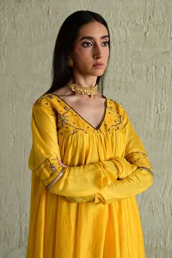 Shop_Shorshe Clothing_Yellow Chanderi, Crepe V-neck, Yes Yoke Embroidered Anarkali And Churidar Set _Online_at_Aza_Fashions