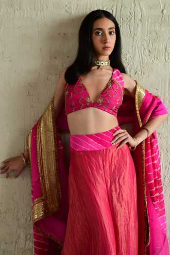 Shorshe Clothing_Pink Silk, Chanderi Silk, Tissue, Brocade, Embroidered Blouse And Sharara Set _Online_at_Aza_Fashions