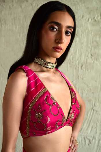 Shop_Shorshe Clothing_Pink Silk, Chanderi Silk, Tissue, Brocade, Embroidered Blouse And Sharara Set _Online_at_Aza_Fashions