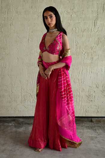 Shorshe Clothing_Pink Silk, Chanderi Silk, Tissue, Brocade, Embroidered Blouse And Sharara Set _at_Aza_Fashions