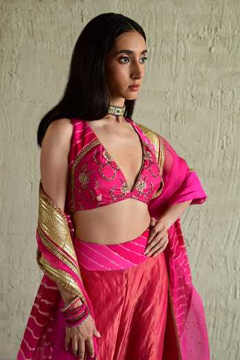 Buy_Shorshe Clothing_Pink Silk, Chanderi Silk, Tissue, Brocade, Embroidered Blouse And Sharara Set 
