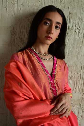 Buy_Shorshe Clothing_Pink Tissue V-neck Embroidered Long Tunic _Online_at_Aza_Fashions