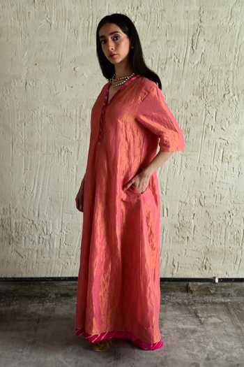 Shop_Shorshe Clothing_Pink Tissue V-neck Embroidered Long Tunic _Online_at_Aza_Fashions