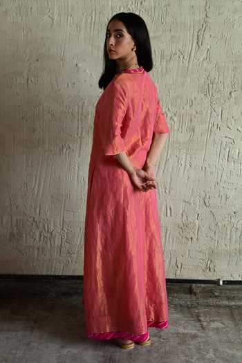 Shop_Shorshe Clothing_Pink Tissue V-neck Embroidered Long Tunic _at_Aza_Fashions