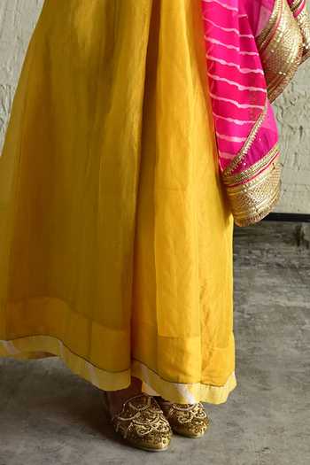Shorshe Clothing_Yellow Tissue V-neck Hand Embroidered Long Kurta _Online_at_Aza_Fashions