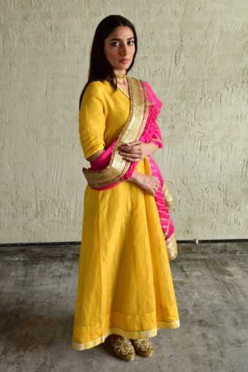 Buy_Shorshe Clothing_Yellow Tissue V-neck Hand Embroidered Long Kurta _Online_at_Aza_Fashions